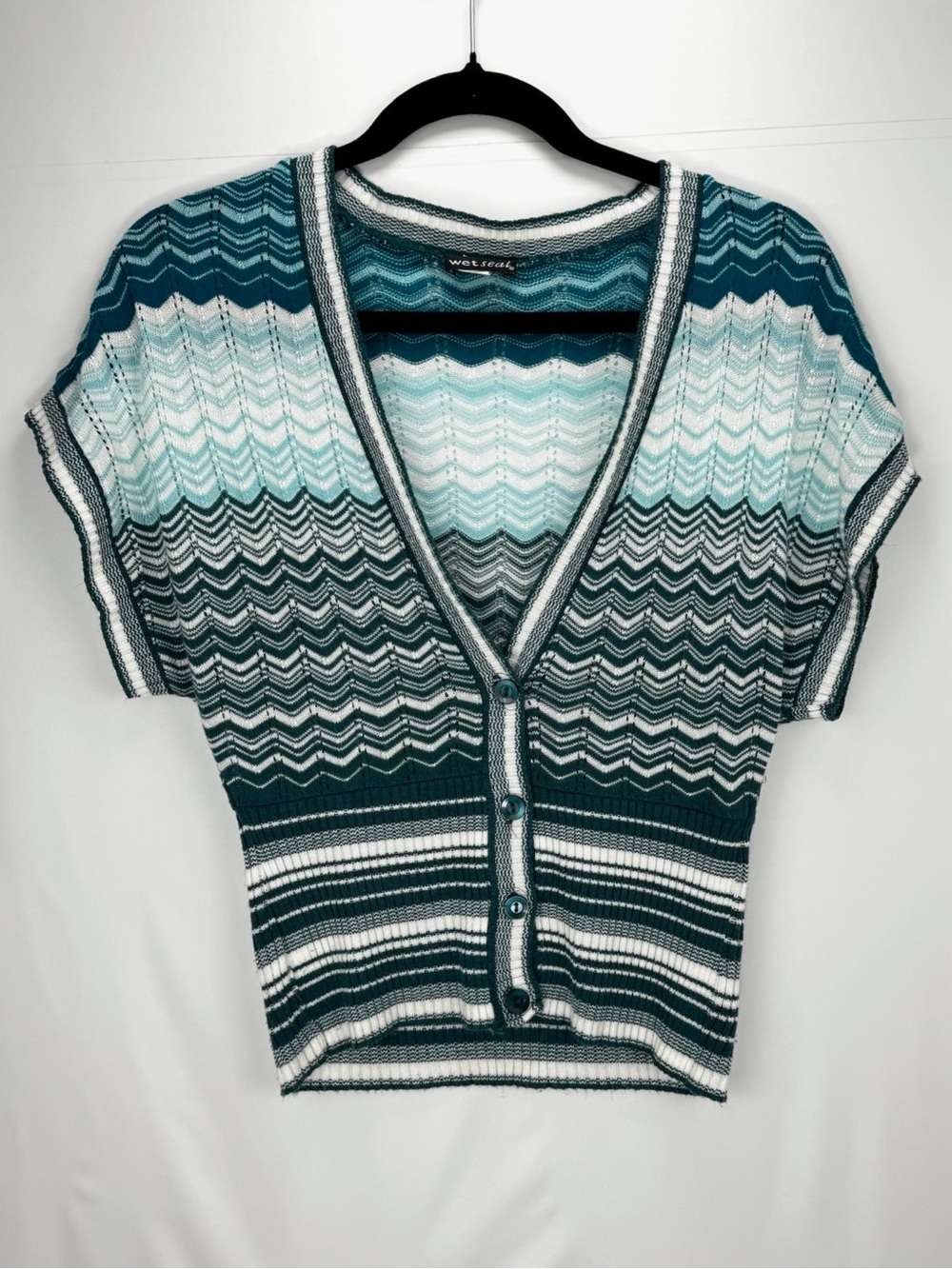 WET SEAL Teal & White Chevron Knit Button-Front Sweater